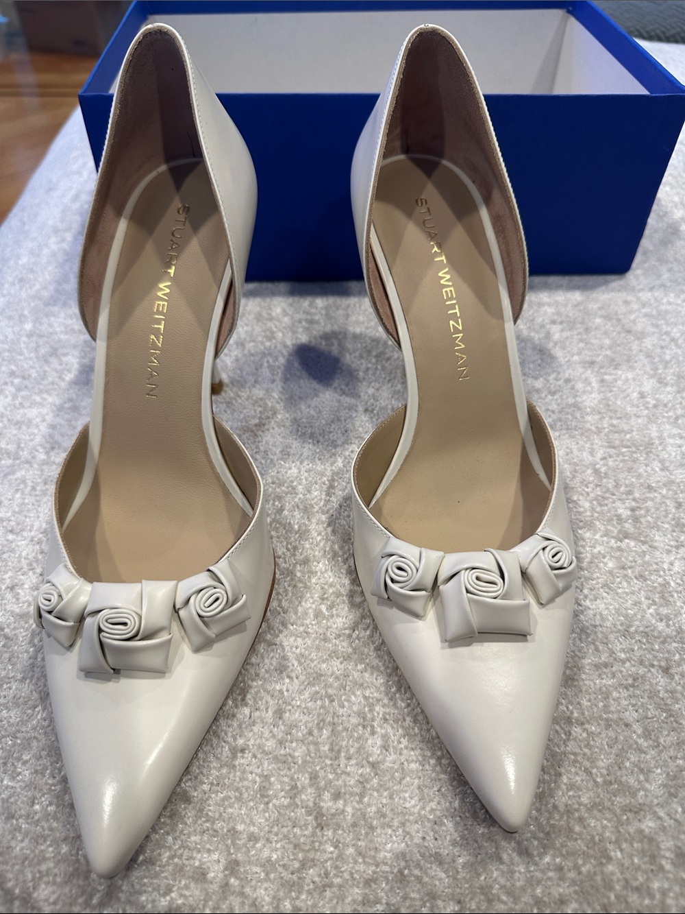 Stuart Weitzman Cream Pointed D'Orsay Heels with Rosette Accents
